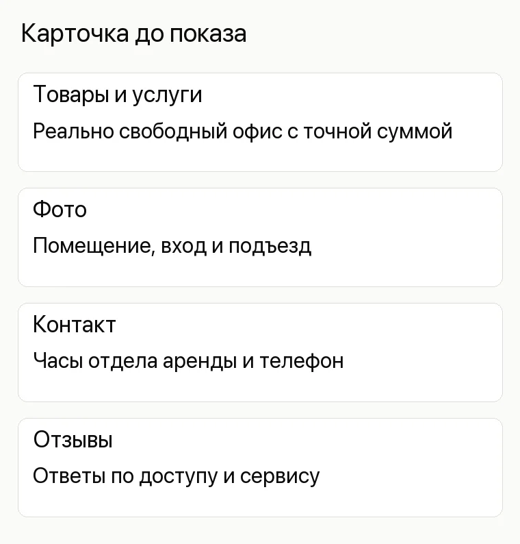 Продвижение бизнес-центра: Карточка до показа. Товары и услуги Реально свободный офис с точной суммой Фото Помещение, вход и подъезд Контакт Часы отдела аренды и телефон Отзывы Ответы по доступу и сервису