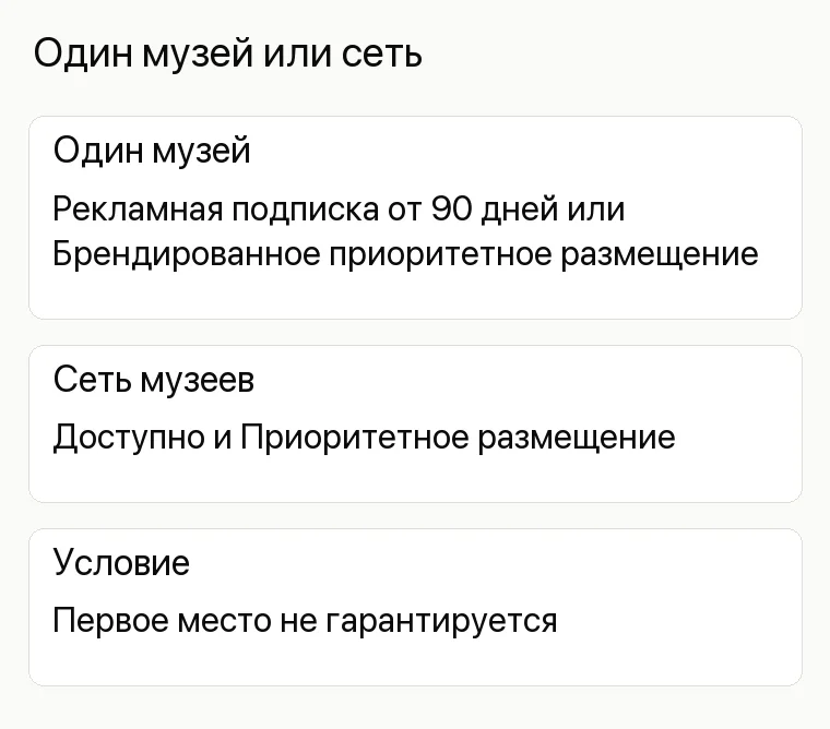 Продвижение музея: Один музей или сеть. Один музей Рекламная подписка от 90 дней или Брендированное приоритетное размещение Сеть музеев Доступно и Приоритетное размещение Условие Первое место не гарантируется