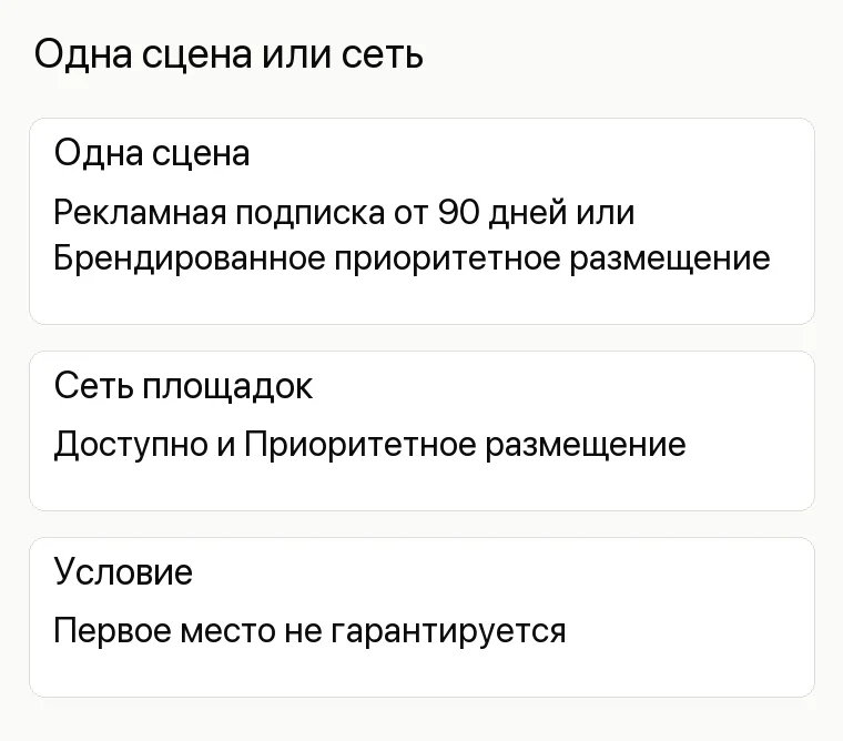 Продвижение театра: Одна сцена или сеть. Одна сцена Рекламная подписка от 90 дней или Брендированное приоритетное размещение Сеть площадок Доступно и Приоритетное размещение Условие Первое место не гарантируется