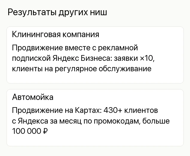 Продвижение театра: Результаты других ниш. Клининговая компания Продвижение вместе с рекламной подпиской Яндекс Бизнеса: заявки ×10, клиенты на регулярное обслуживание Автомойка Продвижение на Картах: 430+ клиентов с Яндекса за месяц по промокодам, больше 100 000 ₽