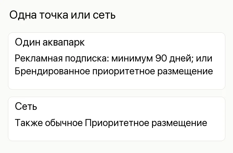 Реклама аквапарка: Одна точка или сеть. Один аквапарк Рекламная подписка: минимум 90 дней; или Брендированное приоритетное размещение Сеть Также обычное Приоритетное размещение