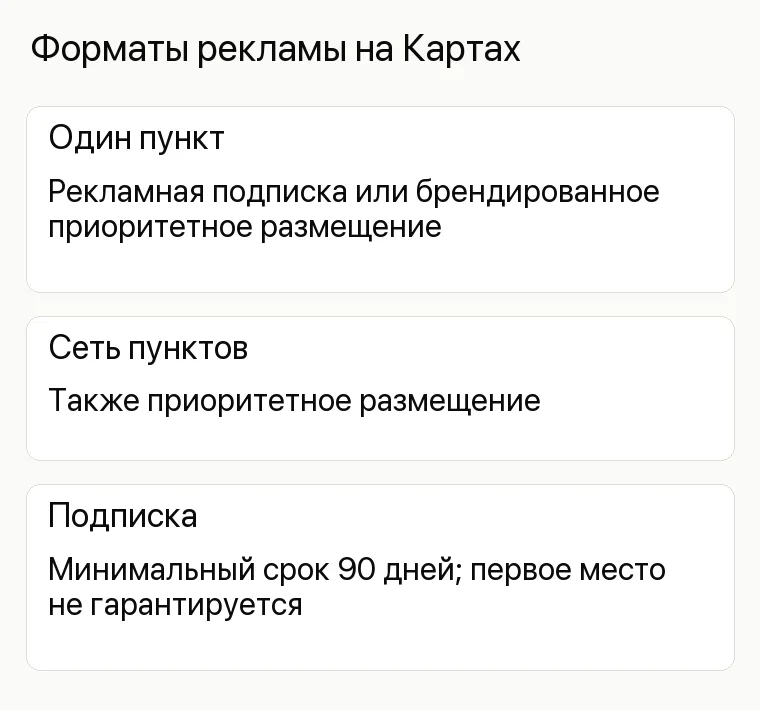Реклама аренды инструментов: Форматы рекламы на Картах. Один пункт Рекламная подписка или брендированное приоритетное размещение Сеть пунктов Также приоритетное размещение Подписка Минимальный срок 90 дней; первое место не гарантируется