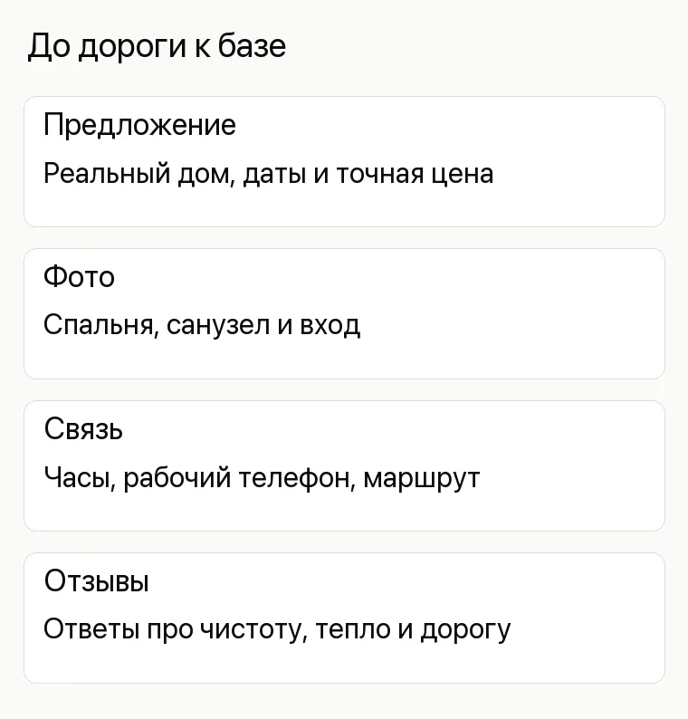 Реклама базы отдыха: До дороги к базе. Предложение Реальный дом, даты и точная цена Фото Спальня, санузел и вход Связь Часы, рабочий телефон, маршрут Отзывы Ответы про чистоту, тепло и дорогу