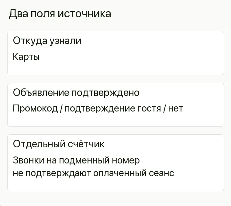 Реклама бильярдного клуба: Два поля источника. Откуда узнали Карты Объявление подтверждено Промокод / подтверждение гостя / нет Отдельный счётчик Звонки на подменный номер не подтверждают оплаченный сеанс .