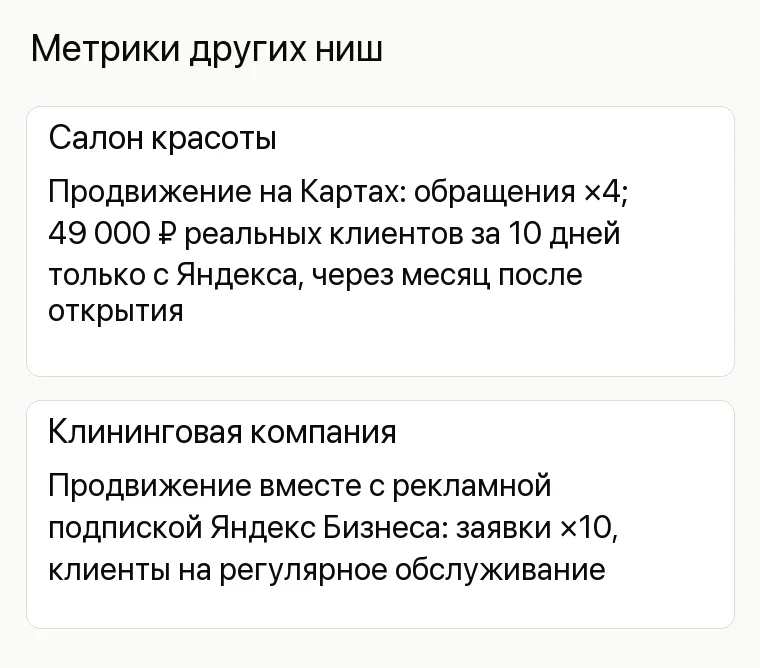Реклама бизнес-школы: Метрики других ниш. Салон красоты Продвижение на Картах: обращения ×4; 49 000 ₽ реальных клиентов за 10 дней только с Яндекса, через месяц после открытия Клининговая компания Продвижение вместе с рекламной подпиской Яндекс Бизнеса: заявки ×10, клиенты на регулярное обслуживание
