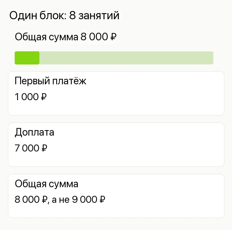 Реклама детского центра: Один блок: 8 занятий. Первый платёж 1 000 ₽ Доплата 7 000 ₽ Общая сумма 8 000 ₽, а не 9 000 ₽ 
