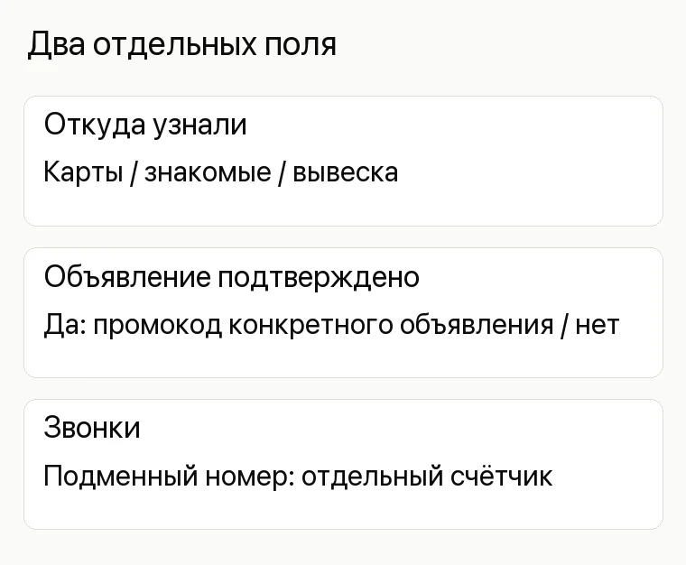 Реклама детского центра: Два отдельных поля. Откуда узнали Карты / знакомые / вывеска Объявление подтверждено Да: промокод конкретного объявления / нет Звонки Подменный номер: отдельный счётчик 