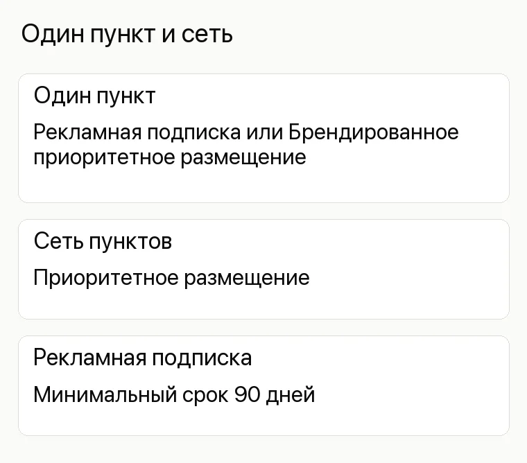 Реклама химчистки: Один пункт и сеть. Один пункт Рекламная подписка или Брендированное приоритетное размещение Сеть пунктов Приоритетное размещение Рекламная подписка Минимальный срок 90 дней