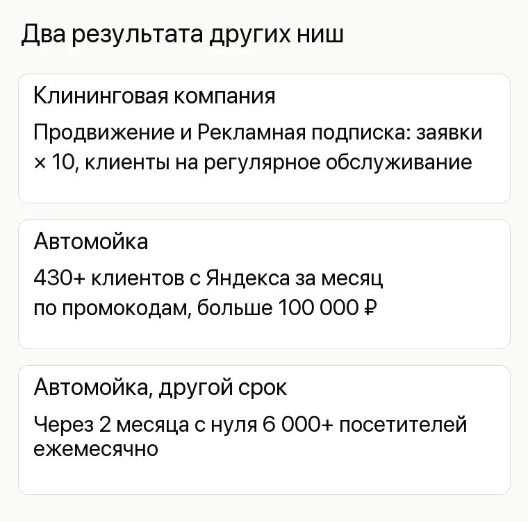 Реклама химчистки: Два результата других ниш. Клининговая компания Продвижение и Рекламная подписка: заявки × 10, клиенты на регулярное обслуживание Автомойка 430+ клиентов с Яндекса за месяц по промокодам, больше 100 000 ₽ Автомойка, другой срок Через 2 месяца с нуля 6 000+ посетителей ежемесячно