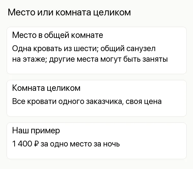 Реклама хостела: Место или комната целиком. Место в общей комнате Одна кровать из шести; общий санузел на этаже; другие места могут быть заняты Комната целиком Все кровати одного заказчика, своя цена Наш пример 1400 ₽ за одно место за ночь