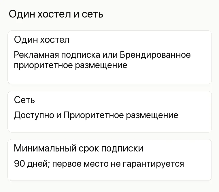 Реклама хостела: Один хостел и сеть. Один хостел Рекламная подписка или Брендированное приоритетное размещение Сеть Доступно и Приоритетное размещение Минимальный срок подписки 90 дней; первое место не гарантируется