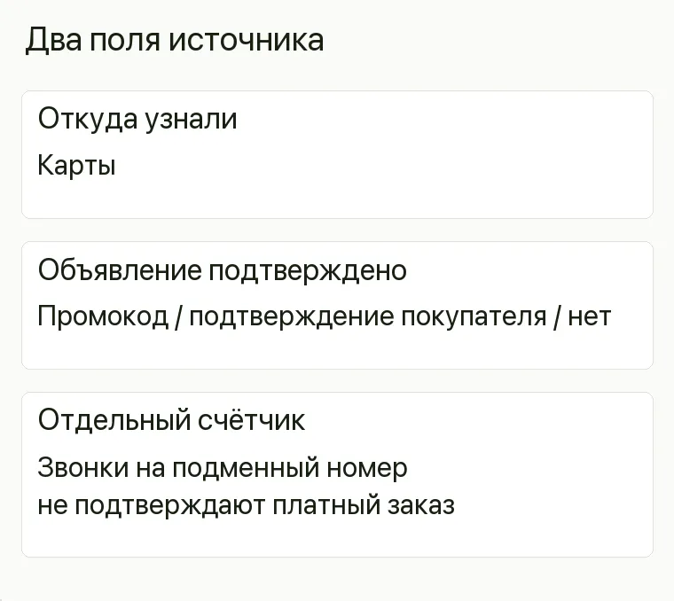 Реклама канцтоваров: Два поля источника. Откуда узнали Карты Объявление подтверждено Промокод / подтверждение покупателя / нет Отдельный счётчик Звонки на подменный номер не подтверждают платный заказ .