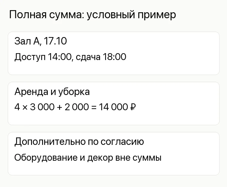 Реклама лофта: Полная сумма: условный пример. Зал А, 17.10 Доступ 14:00, сдача 18:00 Аренда и уборка 4 × 3 000 + 2 000 = 14 000 ₽ Дополнительно по согласию Оборудование и декор вне суммы