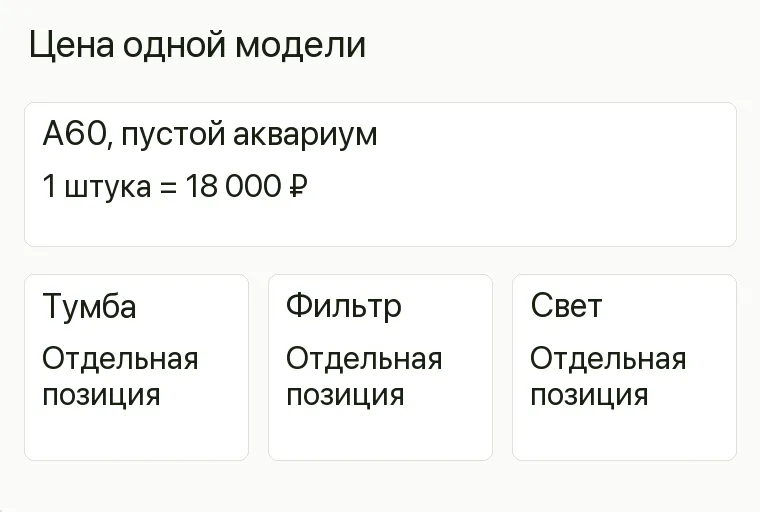 Реклама аквариумов: Цена одной модели. A60, пустой аквариум 1 штука = 18 000 ₽ Тумба Отдельная позиция Фильтр Отдельная позиция Свет Отдельная позиция .