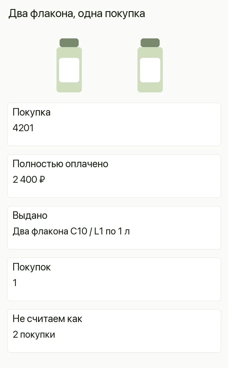 Реклама бытовой химии: Два флакона, одна покупка. Покупка 4201 Полностью оплачено 2 400 ₽ Выдано Два флакона C10 / L1 по 1 л Покупок 1 Не считаем как 2 покупки .