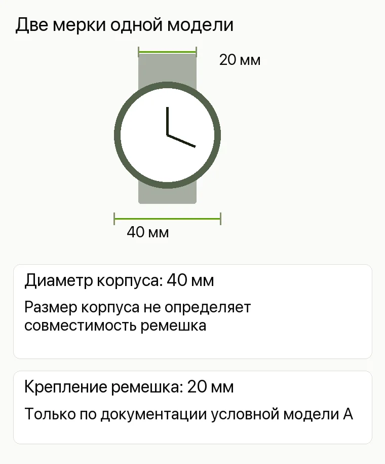 Реклама магазина часов: Две мерки одной модели. Диаметр корпуса: 40 мм Размер корпуса не определяет совместимость ремешка Крепление ремешка: 20 мм Только по документации условной модели А 