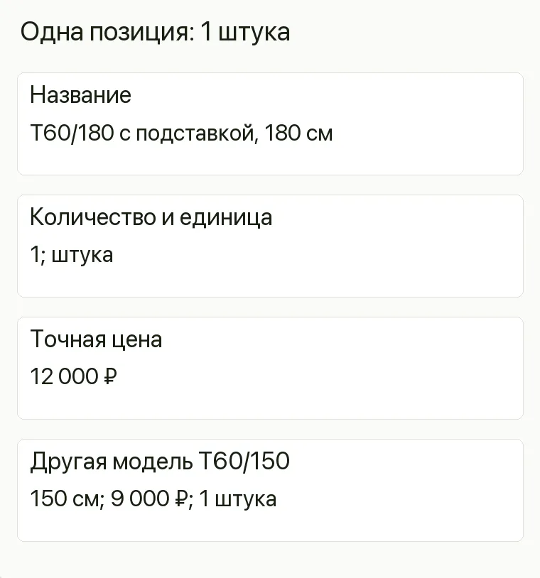 Реклама искусственных ёлок: Одна позиция: 1 штука. Название T60/180 с подставкой, 180 см Количество и единица 1; штука Точная цена 12 000 ₽ Другая модель T60/150 150 см; 9 000 ₽; 1 штука .