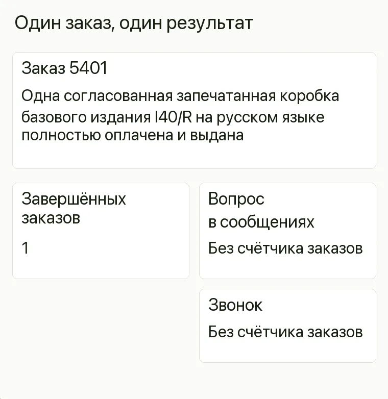 Реклама магазина настольных игр: Один заказ, один результат. Заказ 5401 Одна согласованная запечатанная коробка базового издания I40/R на русском языке полностью оплачена и выдана Завершённых заказов 1 .