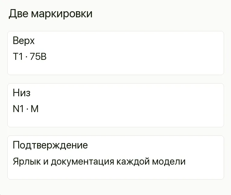 Реклама магазина нижнего белья: Две маркировки. Верх T1 · 75B Низ N1 · M Подтверждение Ярлык и документация каждой модели .