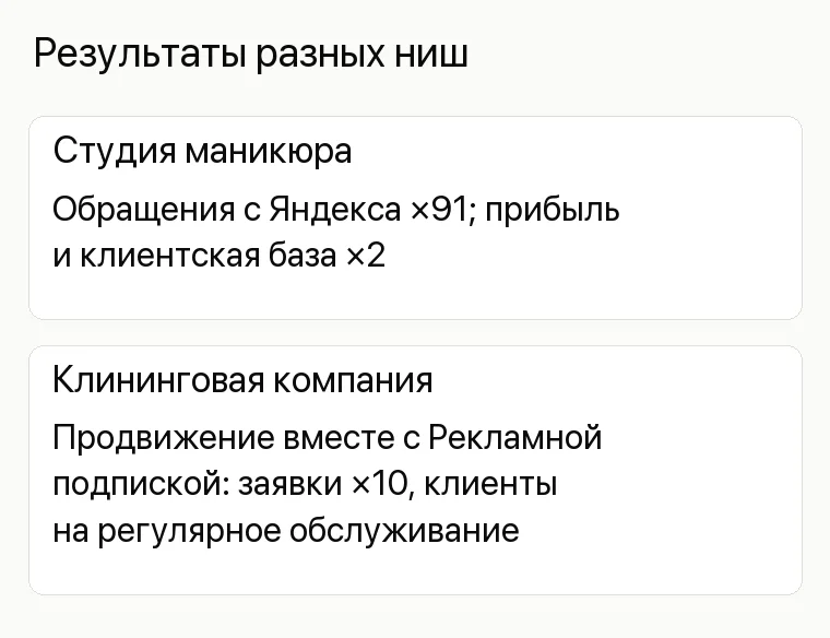 Реклама магазина обуви: Результаты разных ниш. Студия маникюра Обращения с Яндекса ×91; прибыль и клиентская база ×2 Клининговая компания Продвижение вместе с Рекламной подпиской: заявки ×10, клиенты на регулярное обслуживание