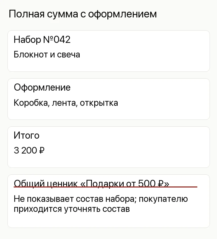 Реклама магазина подарков: Полная сумма с оформлением. Набор №042 Блокнот и свеча Оформление Коробка, лента, открытка Итого 3 200 ₽ Общий ценник «Подарки от 500 ₽» Не показывает состав набора; покупателю приходится уточнять состав