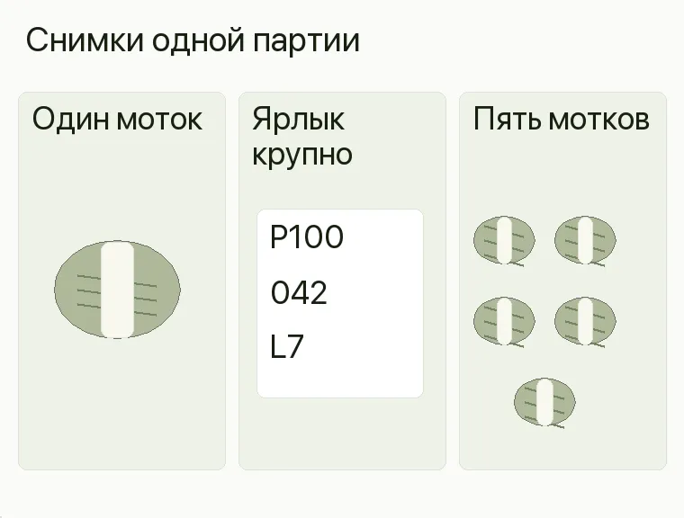 Реклама магазина пряжи: Снимки одной партии. Полка Общий вид Моток Артикул P100 Ярлык Цвет 042 и партия L7 Один заказ Пять выбранных мотков .