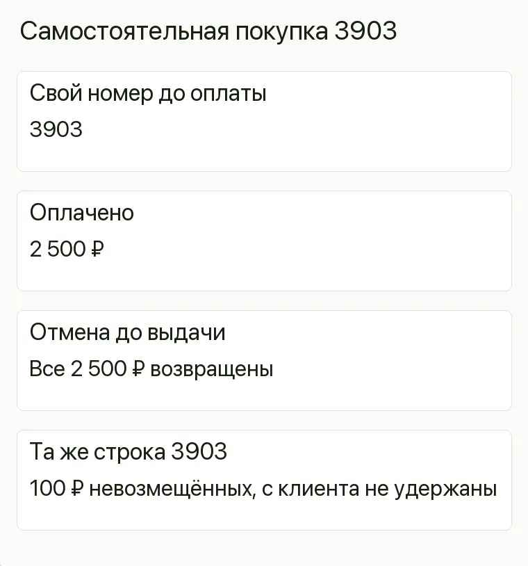 Реклама магазина пряжи: Самостоятельная покупка 3903. Свой номер до оплаты 3903 Оплачено 2 500 ₽ Отмена до выдачи Все 2 500 ₽ возвращены Та же строка 3903 100 ₽ невозмещённых, с клиента не удержаны .