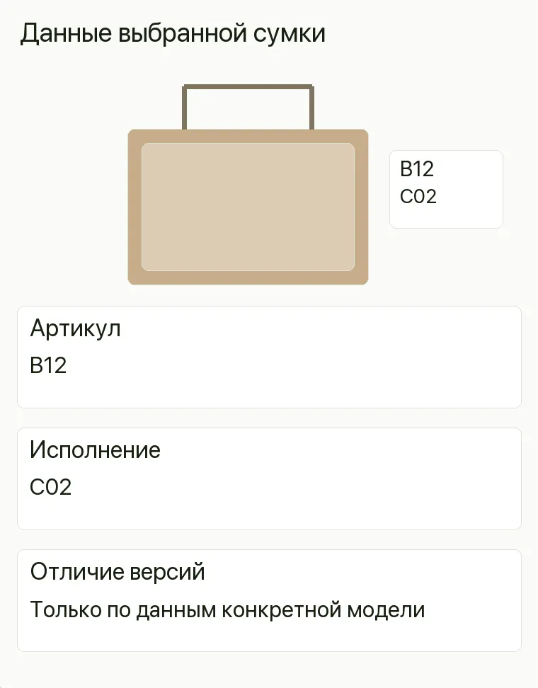 Реклама магазина сумок: Данные выбранной сумки. Артикул B12 Исполнение C02 Отличие версий Только по данным конкретной модели .