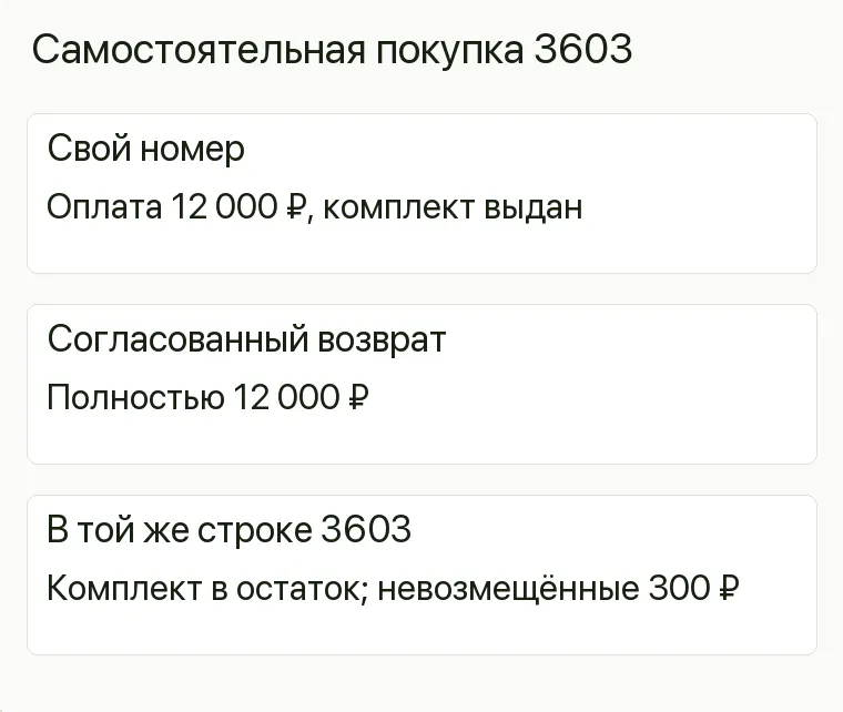 Реклама магазина сумок: Самостоятельная покупка 3603. Свой номер Оплата 12 000 ₽,комплект выдан Согласованный возврат Полностью 12 000 ₽ В той же строке 3603 Комплект в остаток; невозмещённые 300 ₽ .