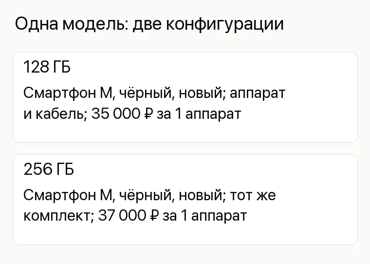 Реклама магазина телефонов: Одна модель: две конфигурации. 128 ГБ Смартфон М, чёрный, новый; аппарат и кабель; 35 000 ₽ за 1 аппарат 256 ГБ Смартфон М, чёрный, новый; тот же комплект; 37 000 ₽ за 1 аппарат