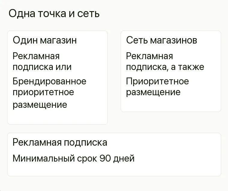 Реклама тканей: Одна точка и сеть. Один магазин Рекламная подписка или Брендированное приоритетное размещение Сеть магазинов Рекламная подписка, а также Приоритетное размещение Рекламная подписка Минимальный срок 90 дней .