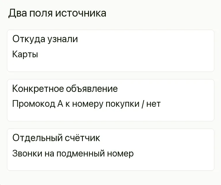 Реклама тканей: Два поля источника. Откуда узнали Карты Конкретное объявление Промокод А к номеру покупки / нет Отдельный счётчик Звонки на подменный номер .