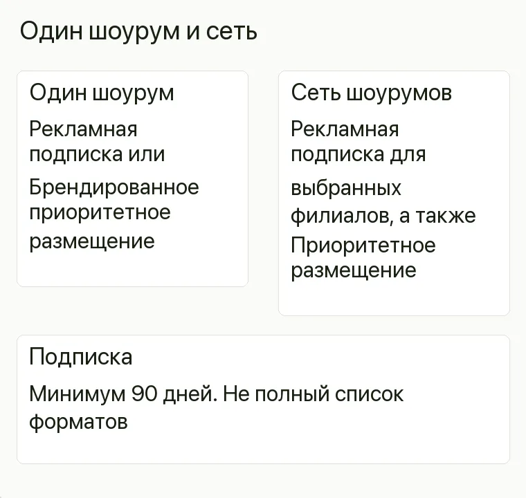 Реклама матрасов: Один шоурум и сеть. Один шоурум Рекламная подписка или Брендированное приоритетное размещение Сеть шоурумов Рекламная подписка для выбранных филиалов, а также Приоритетное размещение Подписка Минимум 90 дней. Не полный список форматов .