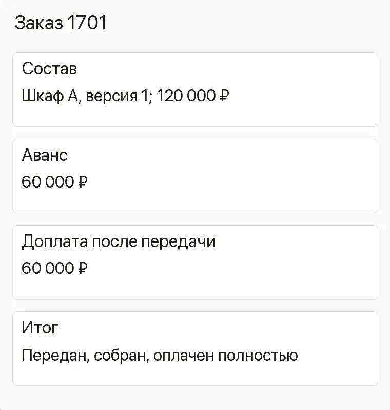 Реклама мебели на заказ: Заказ 1701. Состав Шкаф А, версия 1; 120 000 ₽ Аванс 60 000 ₽ Доплата после передачи 60 000 ₽ Итог Передан, собран, оплачен полностью 