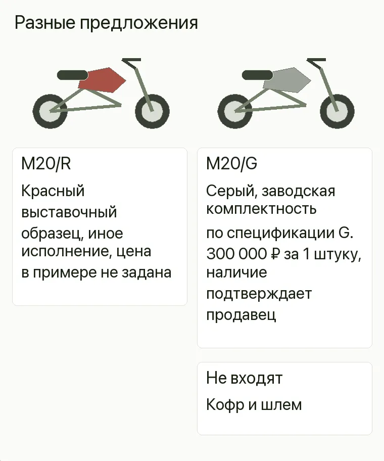 Реклама мотосалона: Разные предложения. M20/R Красный выставочный образец, иное исполнение, цена в примере не задана M20/G Серый, заводская комплектность по спецификации G. 300 000 ₽ за 1 штуку, наличие подтверждает продавец Не входят Кофр и шлем .