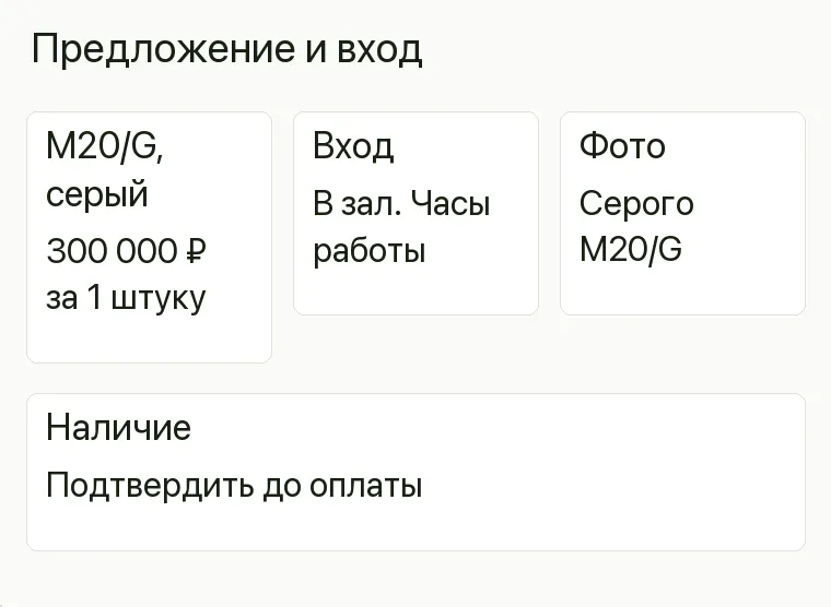 Реклама мотосалона: Предложение и вход. M20/G, серый 300 000 ₽ за 1 штуку Вход в выставочный зал Часы работы Фото Серого M20/G Наличие Подтвердить до оплаты .