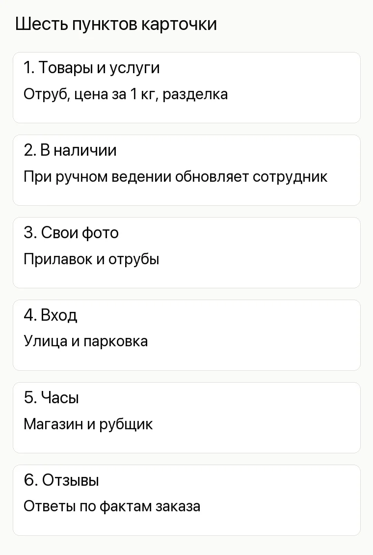 Реклама мясного магазина: Шесть пунктов карточки. 1. Товары и услуги Отруб, цена за 1 кг, разделка 2. В наличии При ручном ведении обновляет сотрудник 3. Свои фото Прилавок и отрубы 4. Вход Улица и парковка 5. Часы Магазин и рубщик 6. Отзывы Ответы по фактам заказа