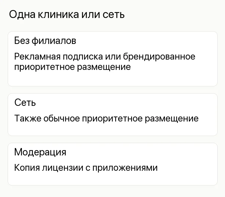 Реклама невролога: Одна клиника или сеть. Без филиалов Рекламная подписка или брендированное приоритетное размещение Сеть Также обычное приоритетное размещение Модерация Копия лицензии с приложениями