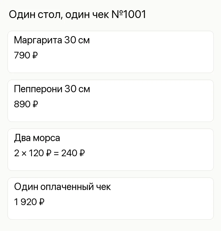 Реклама пиццерии: Один стол, один чек №1001. Маргарита 30 см 790 ₽ Пепперони 30 см 890 ₽ Два морса 2 × 120 ₽ = 240 ₽ Один оплаченный чек 1 920 ₽