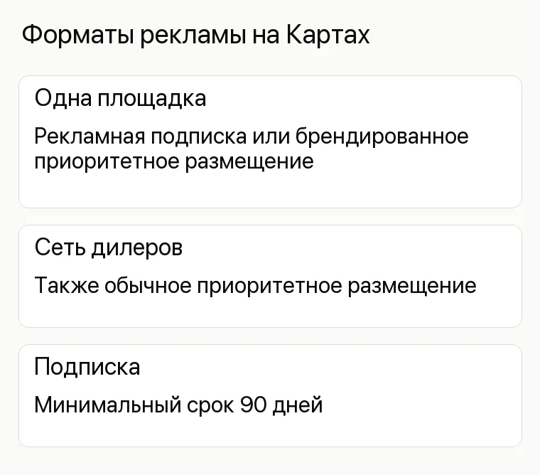 Реклама спецтехники: Форматы рекламы на Картах. Одна площадка Рекламная подписка или брендированное приоритетное размещение Сеть дилеров Также обычное приоритетное размещение Подписка Минимальный срок 90 дней