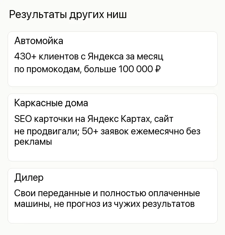 Реклама спецтехники: Результаты других ниш. Автомойка 430+ клиентов с Яндекса за месяц по промокодам, больше 100 000 ₽ Каркасные дома SEO карточки на Яндекс Картах, сайт не продвигали; 50+ заявок ежемесячно без рекламы Дилер Свои переданные и полностью оплаченные машины, не прогноз из чужих результатов