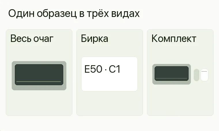 Реклама салона каминов: Один образец в трёх видах. Весь очаг E50/C1 Бирка Обозначение модели Рядом Очаг, пульт и паспорт .