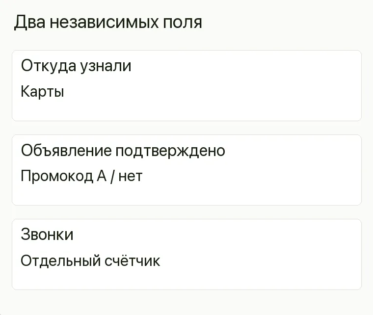 Реклама салона каминов: Два независимых поля. Откуда узнали Карты Объявление подтверждено Промокод А / нет Звонки Отдельный счётчик .