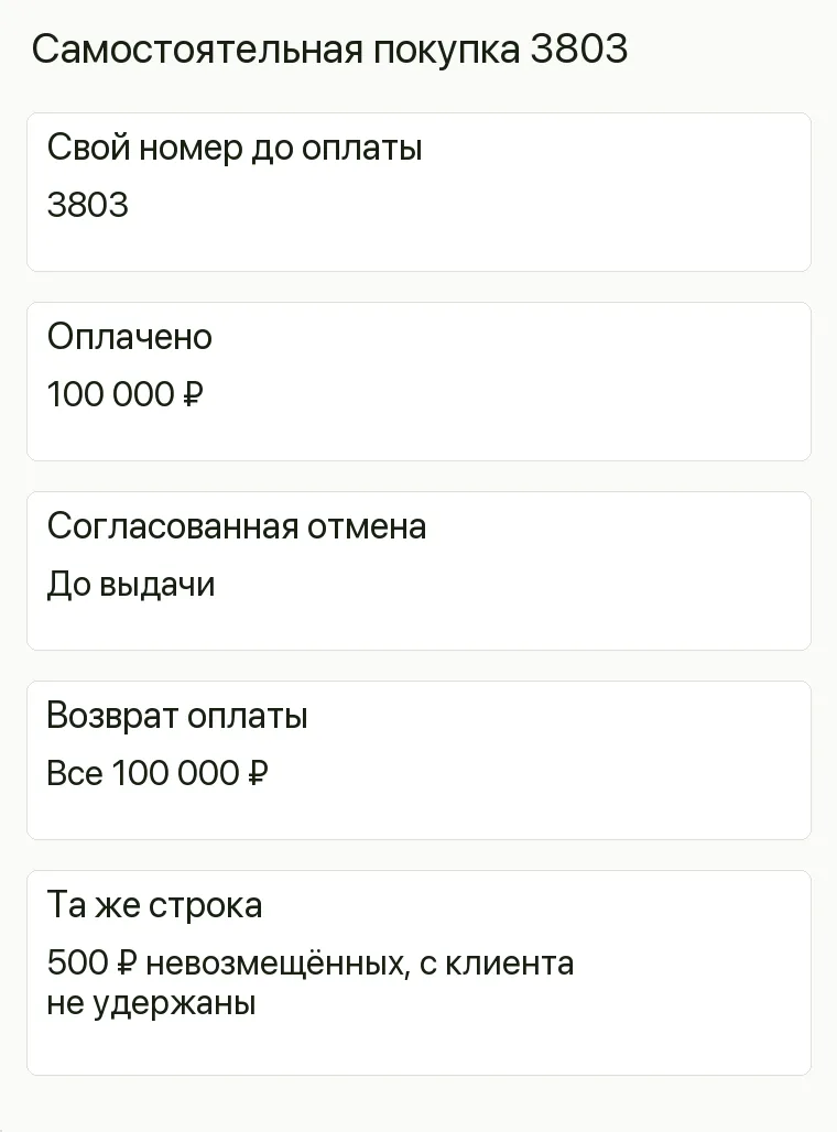 Реклама салона каминов: Самостоятельная покупка 3803. Свой номер до оплаты 3803 Оплачено 100 000 ₽ Согласованная отмена До выдачи Возврат оплаты Все 100 000 ₽ Та же строка 500 ₽ невозмещённых, с клиента не удержаны .