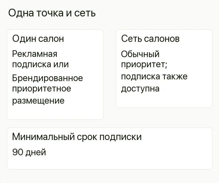 Реклама штор: Одна точка и сеть. Один салон Рекламная подписка или Брендированное приоритетное размещение Сеть салонов Обычный приоритет; подписка также доступна Минимальный срок подписки 90 дней 