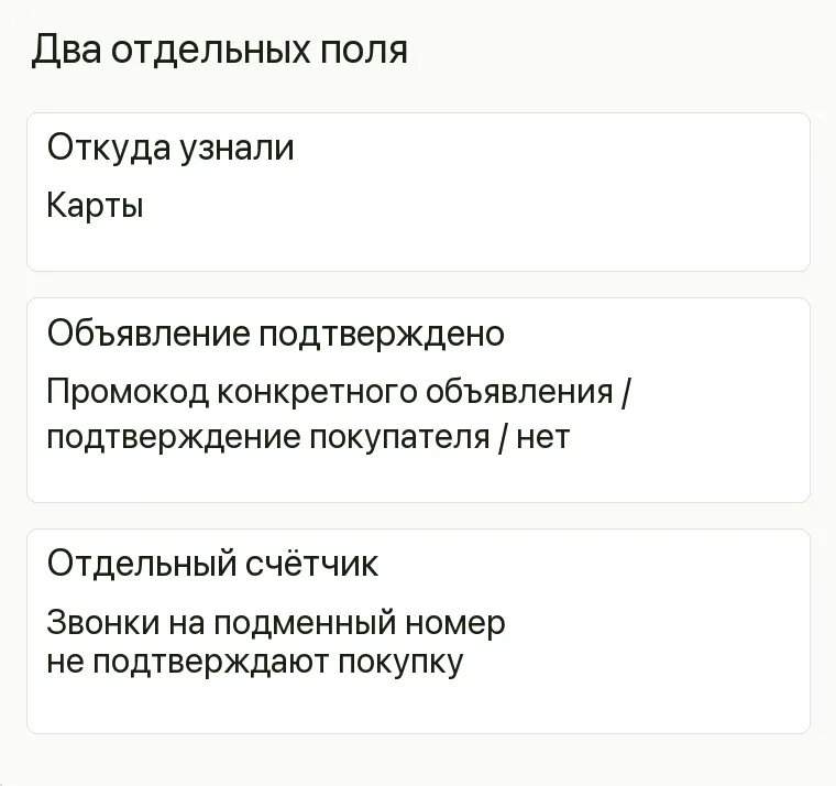 Реклама шуб: Два отдельных поля. Откуда узнали Карты Объявление подтверждено Промокод конкретного объявления / подтверждение покупателя / нет Отдельный счётчик Звонки на подменный номер не подтверждают покупку .