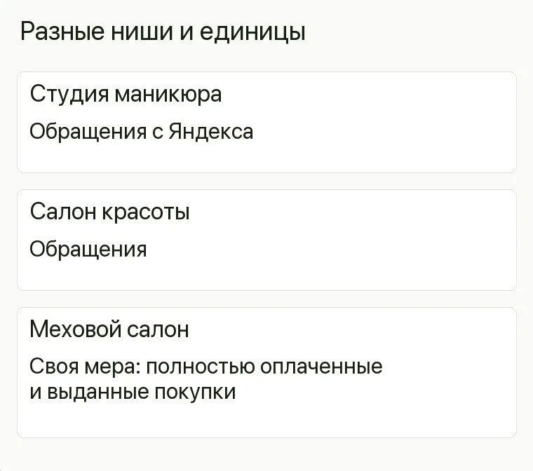 Реклама шуб: Разные ниши и единицы. Студия маникюра Обращения с Яндекса Салон красоты Обращения Меховой салон Своя мера: полностью оплаченные и выданные покупки .