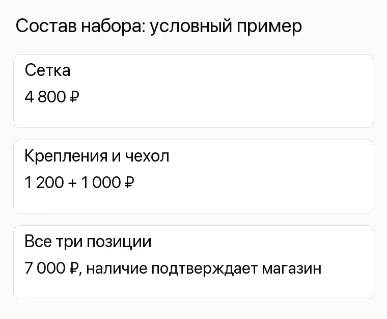 Реклама спортивного магазина: Состав набора: условный пример. Сетка 4 800 ₽ Крепления и чехол 1 200 + 1 000 ₽ Все три позиции 7 000 ₽, наличие подтверждает магазин