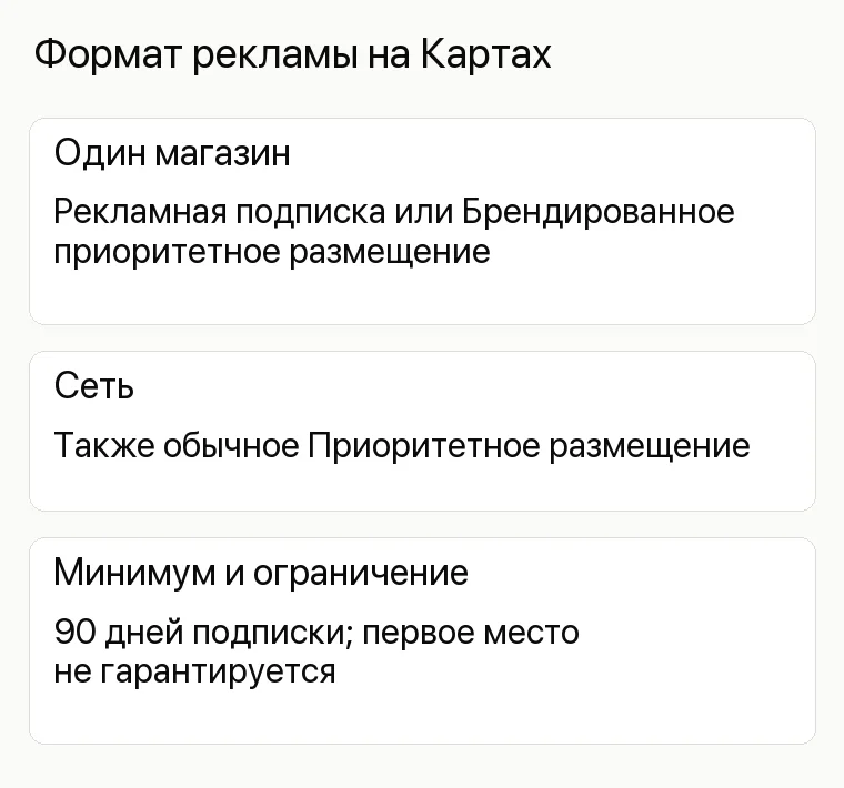 Реклама спортивного магазина: Формат рекламы на Картах. Один магазин Рекламная подписка или Брендированное приоритетное размещение Сеть Также обычное Приоритетное размещение Минимум и ограничение 90 дней подписки; первое место не гарантируется