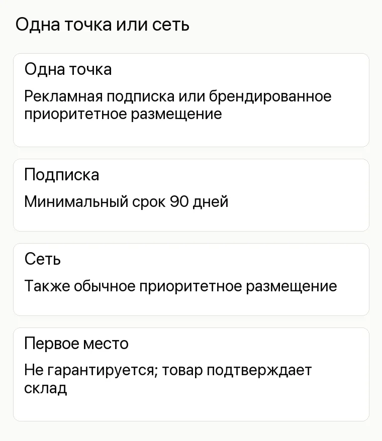 Реклама строительного магазина: Одна точка или сеть. Одна точка Рекламная подписка или брендированное приоритетное размещение Подписка Минимальный срок 90 дней Сеть Также обычное приоритетное размещение Первое место Не гарантируется; товар подтверждает склад